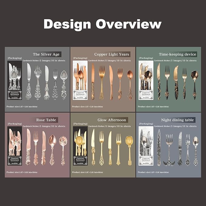 Retro Tableware Cardstock Sticker Set – 60pcs Vintage Metal Utensils for Scrapbook, Journal, Collage & Paper Crafts
