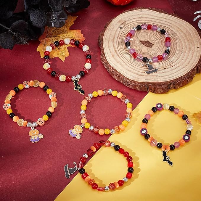 SUNNYCLUE 1 Box 6 Set Halloween Bracelet Making Kit Ghost Cat Charm Pumpkin Charms Colorful Clay Glass Beads for Jewelry Making Kits Beginners Starter Adult Women Halloween Bead Kits Adult