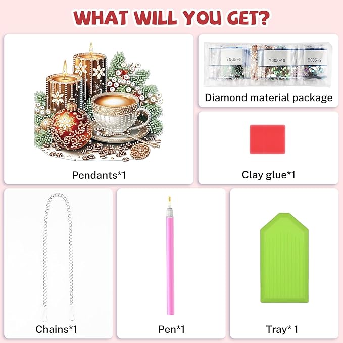 Bowetile Christmas Diamond Art Hanging Kits for Adults, Candle Diamond Art Suncatchers, 5D Special Shape Diamond Painting Coffee Pendant Window Ornament Christmas Gifts for Home Door Wall Decor
