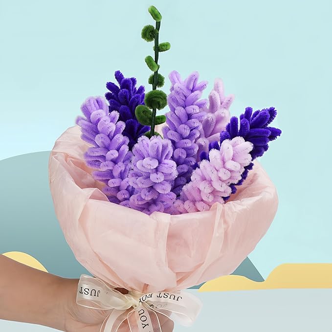 HUEYTON Thick Lavender Pipe Cleaners Craft Set - 400Pcs Chenille Stems for Full & Delicate DIY Lavender Bouquets, Include Stems & Accessories, Ideal for Art Crafts, Home Decor & Gift Making