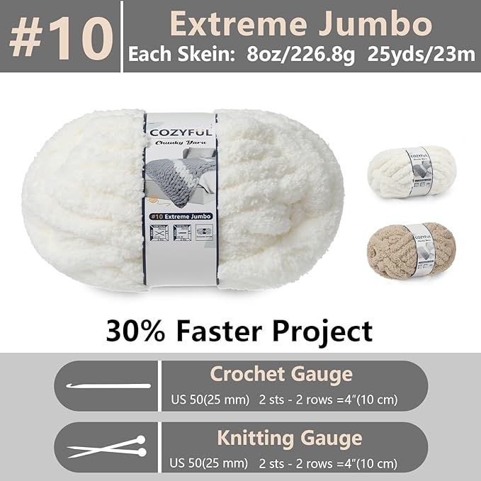 Chunky Yarn for Hand Knitting - #10 Chunky Chenille Yarn, Jumbo Big Thick Chunky Yarns for Crocheting, Super Bulky Chunky Knit Blanket Yarns, 8 Skein (25yd, 8oz/Skein), Cream & Khaki