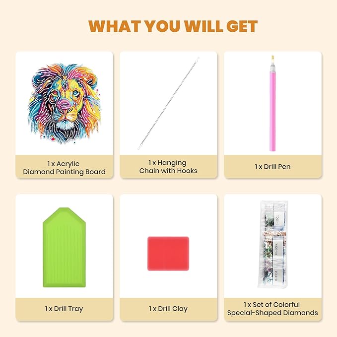 MXJSUA Diamond Art Hanging Kits for Adults Beginners, Colorful Lion DIY Acrylic Special Shaped Crystal Diamond Gem Art Pendant Drills Painting Ornament for Home Wall Decor and Gift