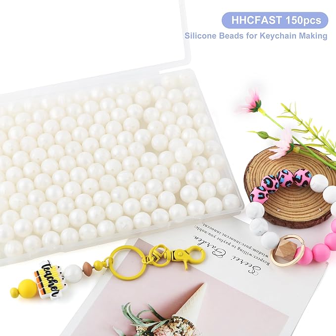 Silicone Beads, 150Pcs 15mm Round, Metall White for Keychain Making, Bracelet Making, Necklace Making and Pens