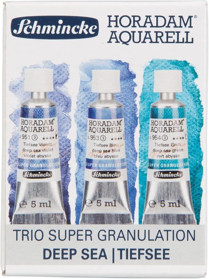 Schmincke Horadam® Aquarell, Super Granulation Trio Deep Sea 5 ml Tubes, 74 614 097, Cardboard Set, Very Strong Granulating Watercolors