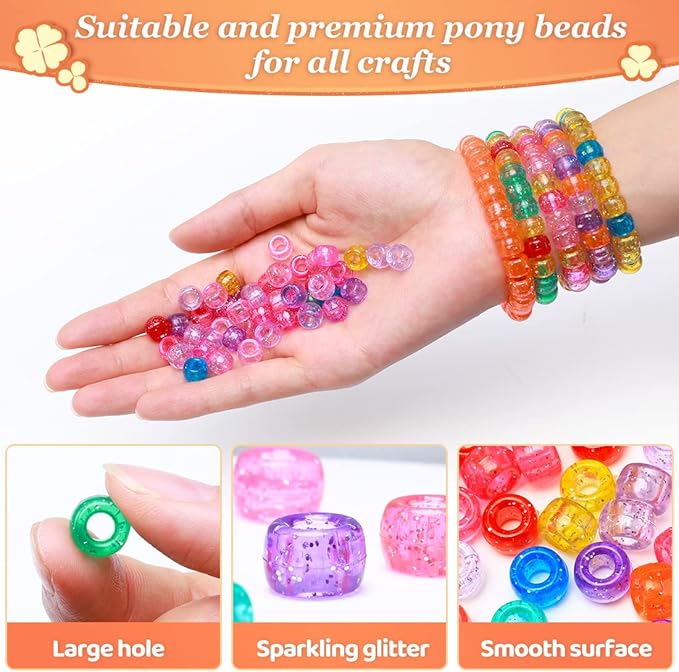 eppingwin 1200pcs pony beads for bracelets, glitter colors kandi beads for hair braids, easy storage pony bead for jewelry making