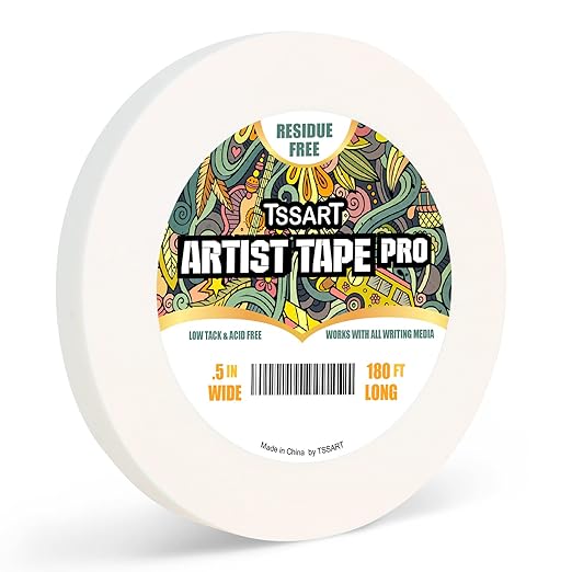 White Artist Tape Pro - Low Tack Masking Artists Tape for Drafting Art Watercolor Painting and All Paper Media - Acid Free 1/2inch Wide 180FT Long