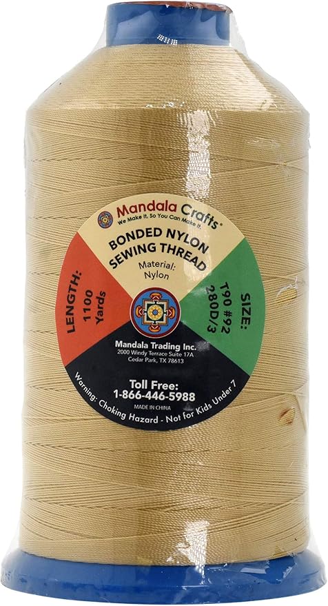 Mandala Crafts Size 92 280D T90 Bonded Nylon Thread - Tan 1100 YDs Tex 90 Heavy Duty Sewing Threads for Leather, Jeans, Weaving, Outdoor Marine Upholstery