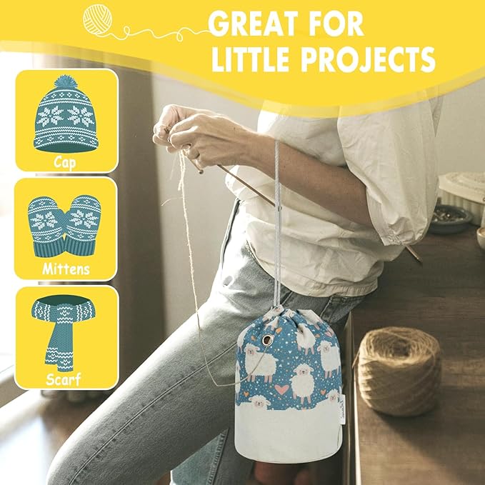 Small Crochet Bag Organizer, Drawstring Storage Knitting Bags, Portable Cute Sheep Yarn Holder for Crocheting Project, Store Skein Ball, Needles Accessories
