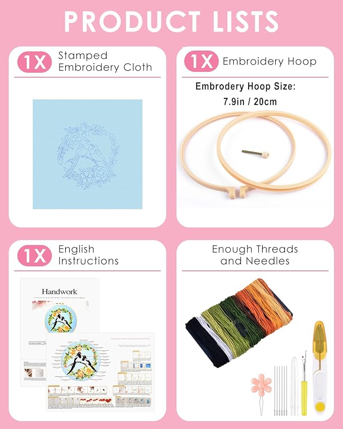 TINDTOP Embroidery Kit for Beginners Adult, Bird Embroidery Kit for Beginners Include Embroidery Cloth Hoops Threads for Craft Lover Hand Stitch with Embroidery Skill Techniques