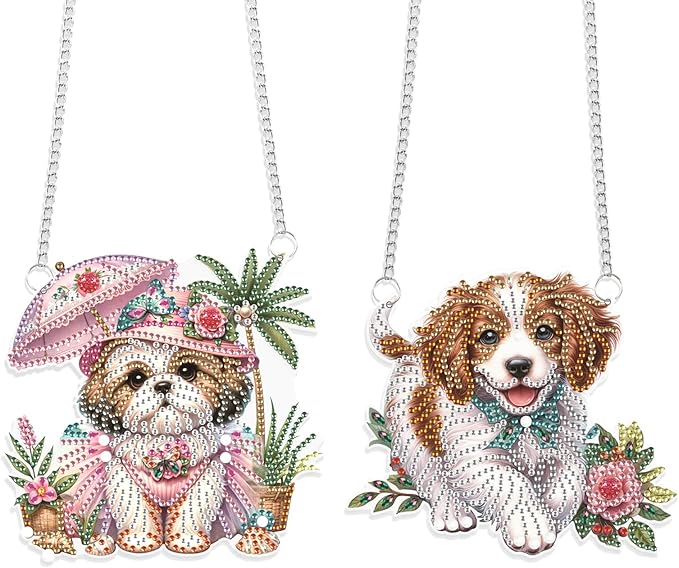 JISHSHAY 2 PCS Diamond Painting Pendant 5D DIY Dog Diamond Art Wind Chime Special Shaped Crystal Crystal Suncatcher Garden Wind Chimes Diamond Art Keyrings Pendant Necklace Diamond Art Kits Adults