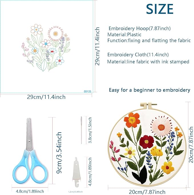 Zhenqing Floral Embroidery Kit for Beginners - Complete Set with Pre-Printed 29x29cm Cotton Fabric, Hoop, Threads & Tools (C0125)