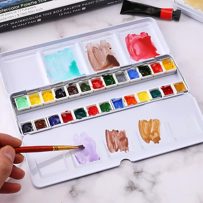 LOONENG Empty Watercolor Palette, Empty Watercolor Tin with Fold Out Palette, Medium Colorful Watercolor Tray Palette with 26 Empty Half Pans for Plein Air Painting and Sketching