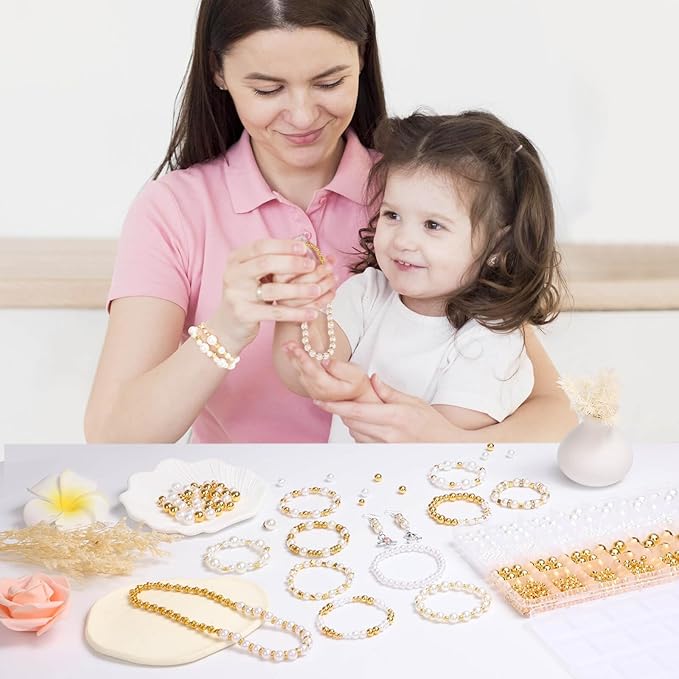 Audab Pearl Beads for Jewelry Making, 1048 Pieces Round and Gold Pearl Beads for Bracelet Making, 5 Sizes