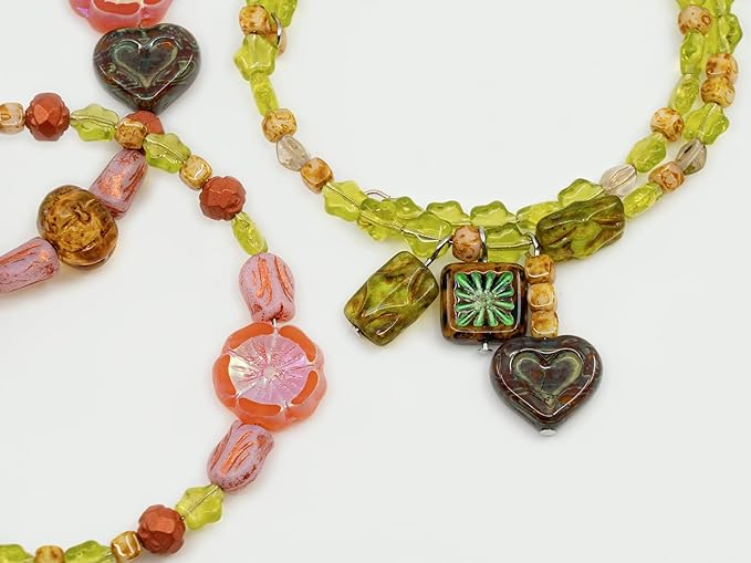 1.4oz (40g) Limited Mix of Czech Glass Beads, Hand Made Set Kit, Green Star Beads Pink Table Cut Hawaii Flower Beads