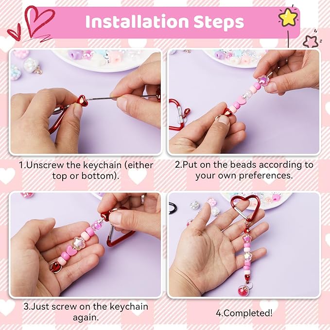204 Pcs DIY Keychain Making Kit Letter Beads Key Chain Flower Star Heart Bead Kit Acrylic Key Ring Bag Charms Crafts Accessories