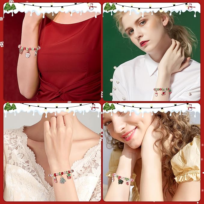 SUNNYCLUE 1 Box 226Pcs 6Sets Christmas Enamel Charms Christmas Tree Bracelet Making Kit Reindeer Socks Candy Cane Santa Claus Glass Beads Snowman Charms for Jewelry Making Kits Adult Xmas Gifts