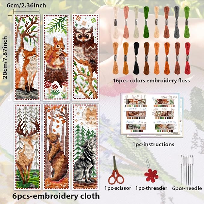 ACRNIGHEET 6 PCS Cross Stitch Bookmark Kit Animals Patterns DIY Stamped Embroidery Bookmark Kit DIY Bookmarks Crossstitch Kits Adul Stamped Embroidery Bookmarks with Instructions 11CT