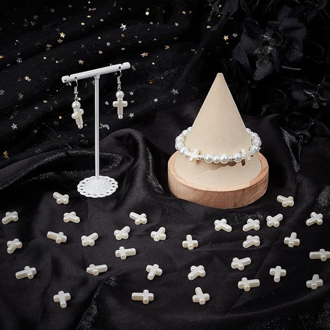 SUNNYCLUE 1 Box 300Pcs White Cross Beads Crosses Beads Small Bulk Pure Plastic Sunday Rosary Loose Spacer Crucifix Imitation Pearl Beads for Bracelets Beading Necklaces Keychains Supplies Women Adult
