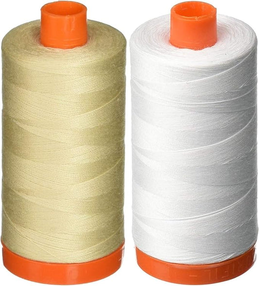 2-Pack - Aurifil 50WT - Light Beige + White, Solid - Mako Cotton Thread - 1422 Yards Each