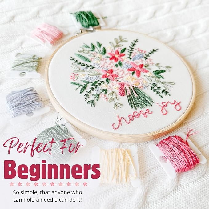 elly & grace christian embroidery kit with embroidery hoop, easy embroidery kit for beginners and adults, full embroidery hoop kit with needles and thread included (choose joy)