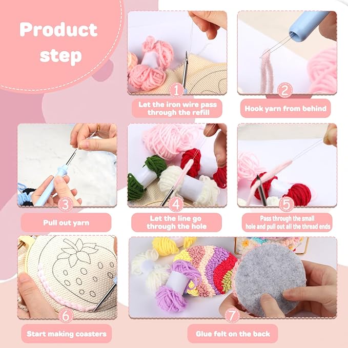 AIRDEA Punch Needle Drink Coasters Kit,Casual Punch Needle Embroidery Complete Kits for Beginner 3.29x3.29 Inches,Included All Accessories,DIY Car Coasters (Multicolored)
