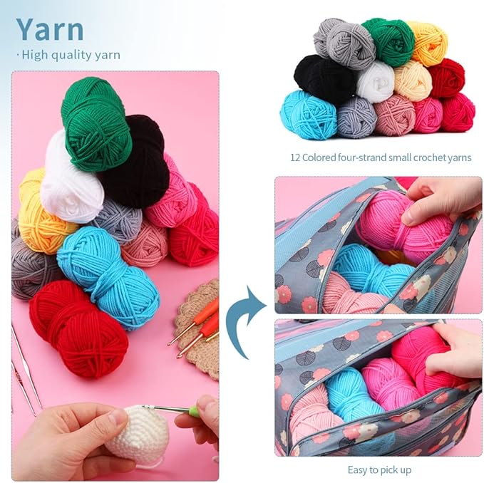 Crochet Kit for Beginners Complete 130 Pieces Starters Knitting Kit with Crochet Yarn, Ergonomic Crochet Hooks and Crochet Accessories in Hangable Storage Bag