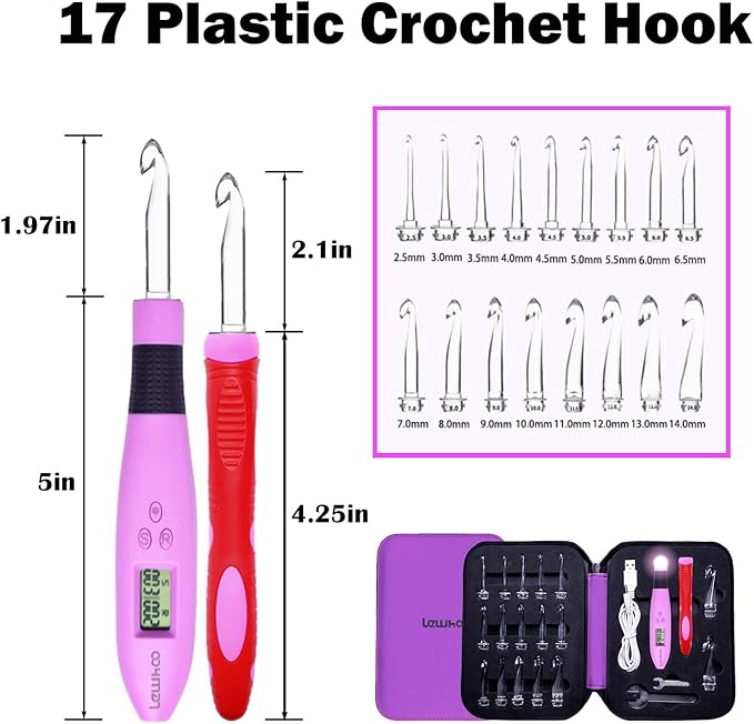 17 sizes digital crochet hooks with counter 2.50~14.0mm, lighted crochet hooks for stitch & row counting