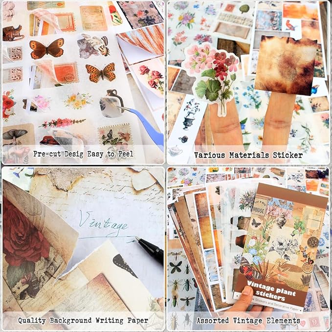 347Pcs Journaling Stickers and 20 Sheets Scrapbook Paper, Vintage Scrapbooking Kit, Plant Flower Butterfly Background Ephemera for Junk Journal Supplies, Planners, Bujo, Collage Art