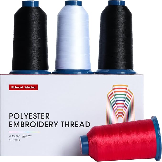 Poolin Embroidery Thread, 2Black+1White+1Red, Huge Spool Richword Selected 4 Rolls 4000M(4374Y) 40WT Polyester Thread for All Embroidery Machines