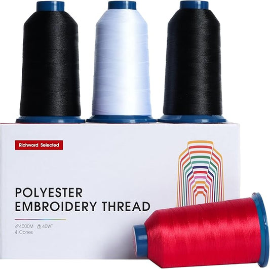 Poolin Embroidery Thread, 2Black+1White+1Red, Huge Spool Richword Selected 4 Rolls 4000M(4374Y) 40WT Polyester Thread for All Embroidery Machines