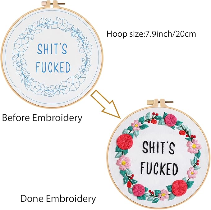 Louise Maelys Funny Embroidery Kit for Beginners,Cross Stitch Kits for Adults,Flower Wreath Needlepoint for Starters Including Instruction and Threads