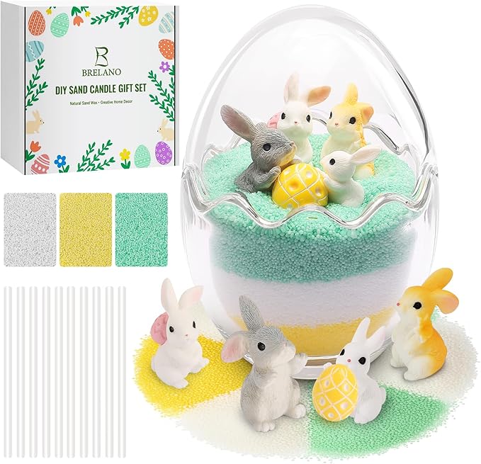 BRELANO Easter Craft Kit for Kids & Adults – DIY Sand Candle Making Kit with Bunny & Egg Decor, Colored Pearled Candle Sand, Cotton Wicks & Egg-Shaped Glass Jar, Easter Gift Set & Spring Home Decor
