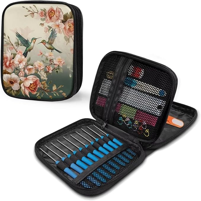 Hechitok Hummingbird Floral Hook Case, Organizer Zipper Bag with Web Pockets for Various Crochet Needles and Knitting Accessories Easy to Carry