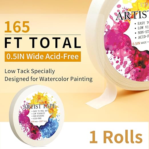 White Artist Tape for Watercolor Paper Drafting Art Low Tack Masking Tape Acid Free Painter Watercolor Tape for Painting Canvas Framing, 0.5 inch Wide 165FT Long Total