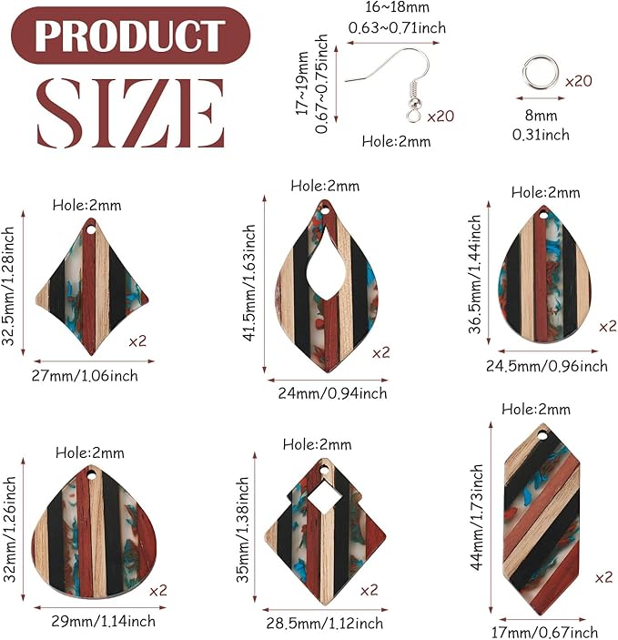 Beadthoven 52pcs Boho Wood Women Earring Making Kit, Striped Resin Earrings Charms Pendants Natural Wood Cutouts Pieces Wooden Earring Blanks with Earrings Hooks for DIY Jewelry Making Crafts