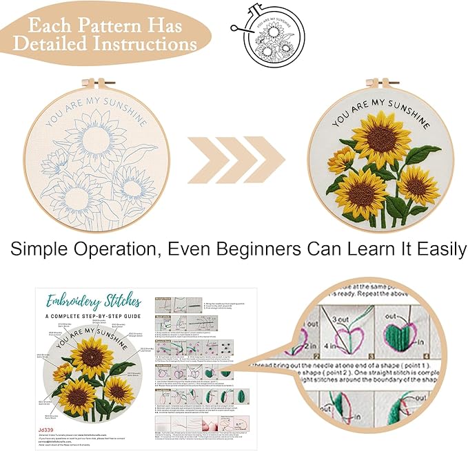 Nuberlic Sunflower Embroidery Kit 3 Pack Embroidery Kits for Adults Beginners Starter Cross Stitch Kit Set with Sunflower Floral Designs - Perfect DIY Gift