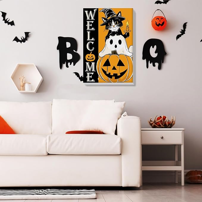 Bowetile Halloween Framed Paint by Numbers for Adults Kids, Adults' Paint-by-Number Cat Kits on Canvas, Easy Acrylic Pumpkin Number Painting Ghost Crafts Kits Halloween Gifts for Home Decor, 8x12in