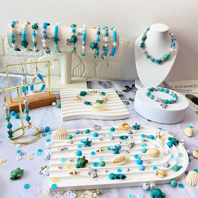 1860Pcs Ocean Beads for Bracelets Making Kit, Blue and White Summer Beach Bead for Jewelry Making, Sea Turtle Shell Starfish Shape Beads 8mm Round Cly Bead for DIY Craft Bracelets Earring (Blue)