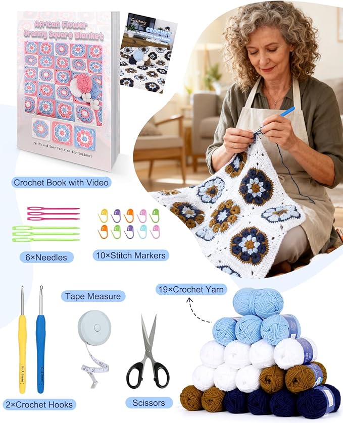 Coopay Crochet Blanket Kit for Beginners, All-in-One Granny Square Blanket Kit with Step-by-Step Video & Enough Yarns - Master Granny Square Crocheting Easily, Ideal Gift for Craft Lovers (Mocha Blue)