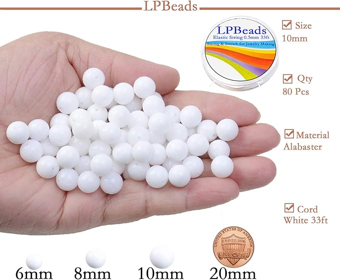 LPBeads 80Pcs Polished 10mm Round Natural Alabaster Gemstone Loose Beads with Stretch Cord for Jewelry Making Bracelets