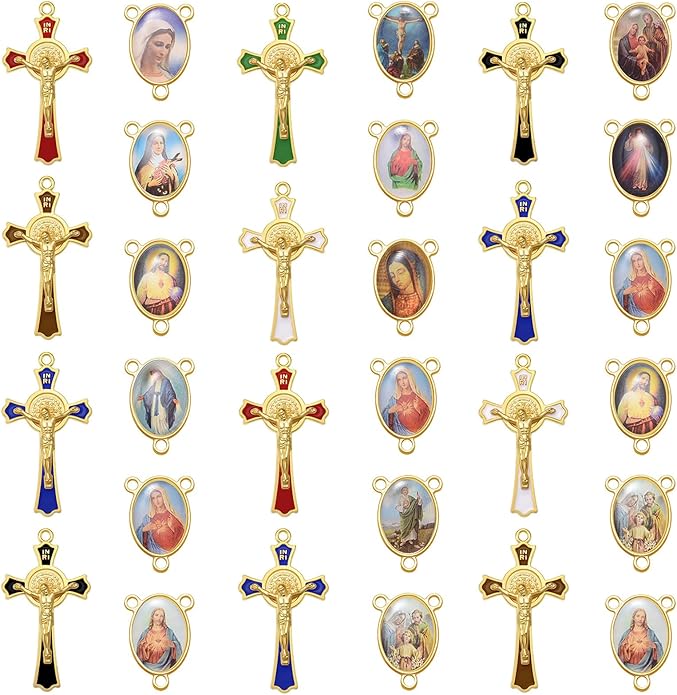 24Pcs/12Sets Rosary Kits Making Supplies Religious Cross and Center Medal Charm Alloy Enamel Saint Benedict Crucifix Pendant Beads for Adults Diy Catholic Jewelry
