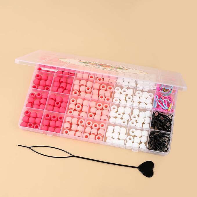 AD Beads 216PCS 6x9mm Soft Pony Silicone Beads for Hair, Pink Series with 80 Elastic Bands, Tool and Storage Box Kit for Braids, Bracelet, Crafts.
