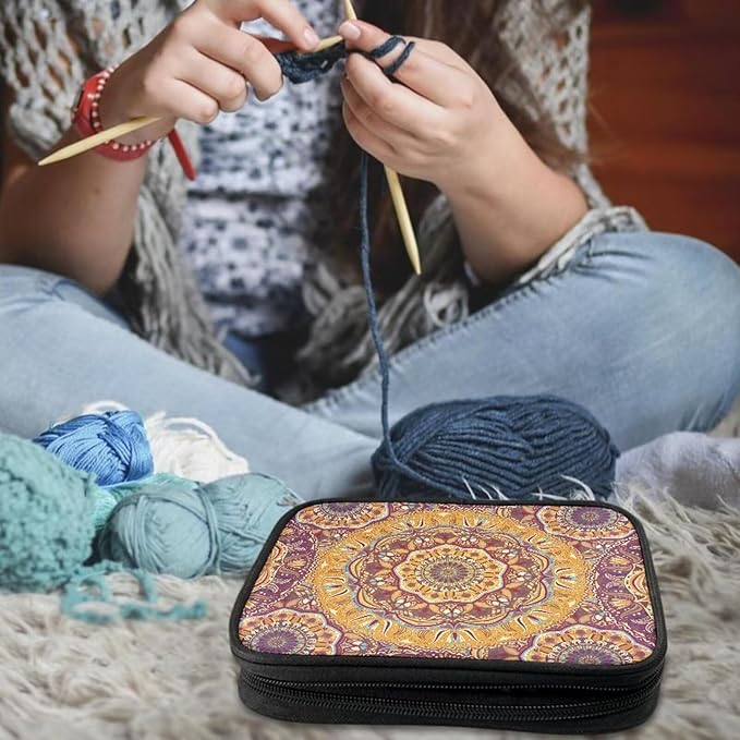 Hechitok Mandala Orange Crochet Hook Case Without Hooks and Accessories Zipper Storage Organizer Bag with Web Pockets for Various Crochet Needles Accessories Crochet Hook Kit Tools