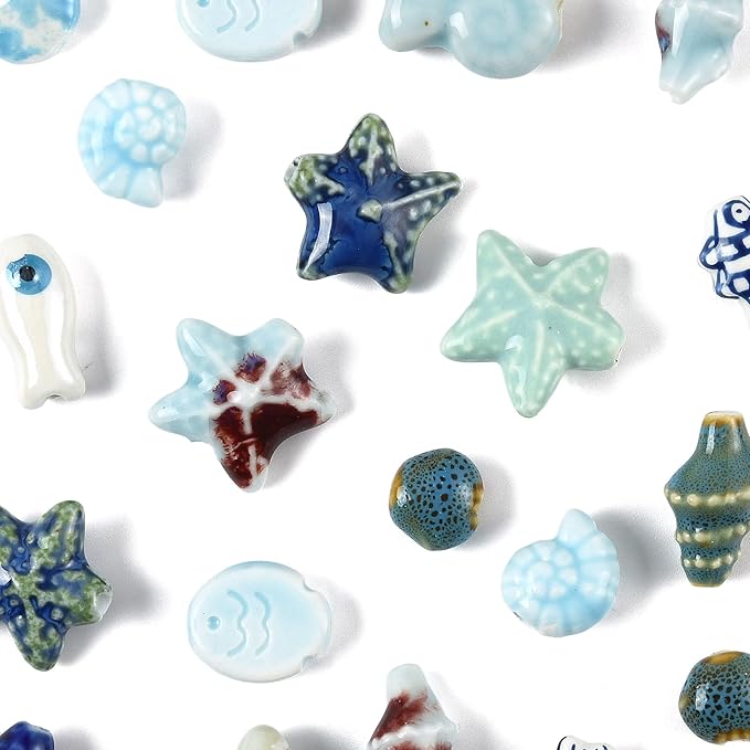 26Pcs Porcelain Ceramic Ocean Beads, 13 Styles Sea Seashell Fish Conch Starfish Porcelain Loose Spacer Beads for DIY Necklaces Bracelets Crafts Supplies