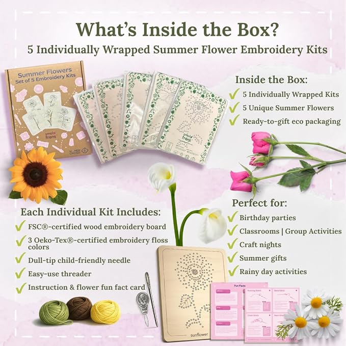 Wooden Flower Lacing Embroidery Kits for Beginners, Set of 5 Learn-to-Stitch Craft Boards, Sewing & Embroidery Art Kits for Kids Ages 8+, DIY Craft Projects, Educational Gifts, Party Favors (Summer)