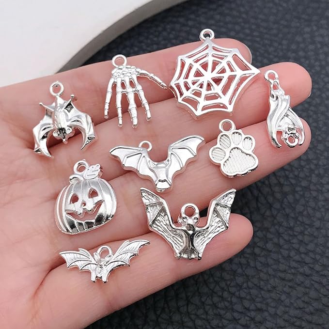 WOCRAFT 60pcs Bright Silver Halloween Charms Bracelet Charms for Jewelry Making Sets DIY Necklace Bracelet Keychain Crafting Charms Kit Craft Supplies (SN867)