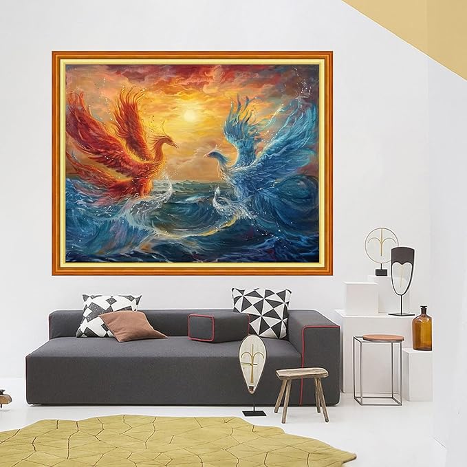 foxhool stamped cross stitch kits,11ct printed cross stitch pattern full embroidery kits for beginner needlepoint kits-water fire phoenix sunrise 16x20 inch