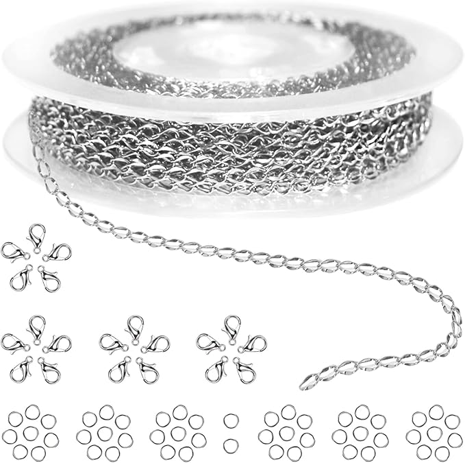 jishi 33ft twisted cable chain 2mm silver stainless steel link chain, jewelry making supplies necklace bracelet extender, diy craft earring findings, metal link chain roll w/lobster clasps, jump rings