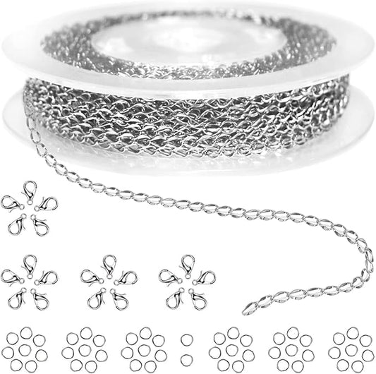 jishi 33ft twisted cable chain 2mm silver stainless steel link chain, jewelry making supplies necklace bracelet extender, diy craft earring findings, metal link chain roll w/lobster clasps, jump rings