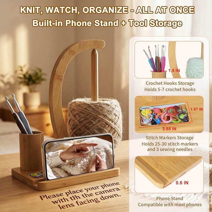 SPEENSUN Yarn Holder for Crochet, Bamboo Yarn Spinner with Magnetic Rotating Anti-Tangle Design, 1.1lbs Capacity, 3-in-1 Storage for Hooks/Markers, Phone Stand, Best Crochet Accessories Gifts
